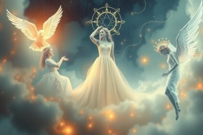 Tre figure angeliche che vestono abiti di bianco su nuvole