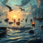 Immagine di alluvione con barche, teste e uccelli in un cielo drammatico