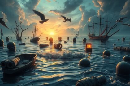 Immagine di alluvione con barche, teste e uccelli in un cielo drammatico