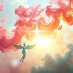 Un angelo circondato da fumo colorato tra le nuvole