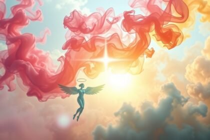 Un angelo circondato da fumo colorato tra le nuvole