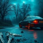 Auto abbandonata su una strada deserta con chiavi.