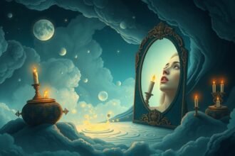 Riflesso di una donna nel sogno con elementi mistici.