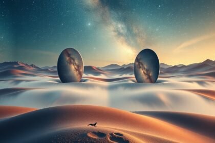 Due ovoidi riflettenti in un paesaggio desertico al tramonto