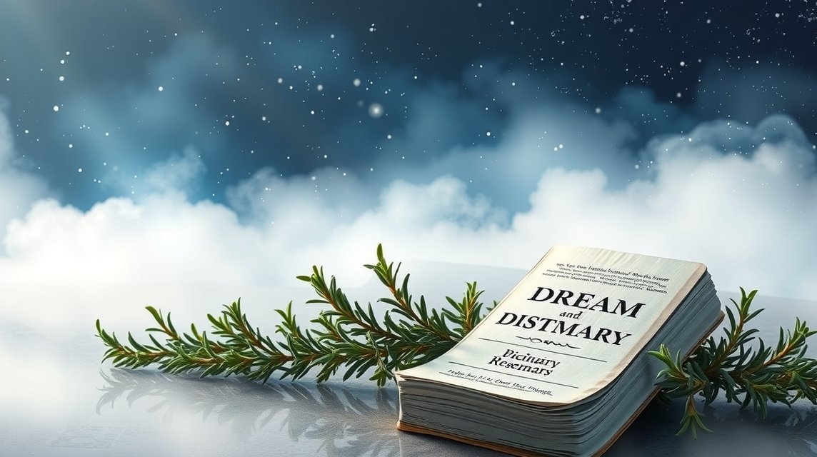 Libro dei sogni accanto a un rametto di rosmarino sullo sfondo onirico.