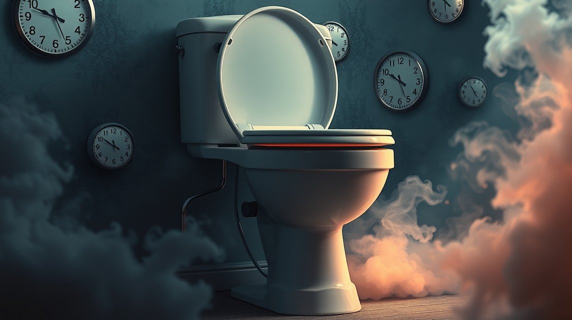 Toiletto otturato in un ambiente inquietante con orologi