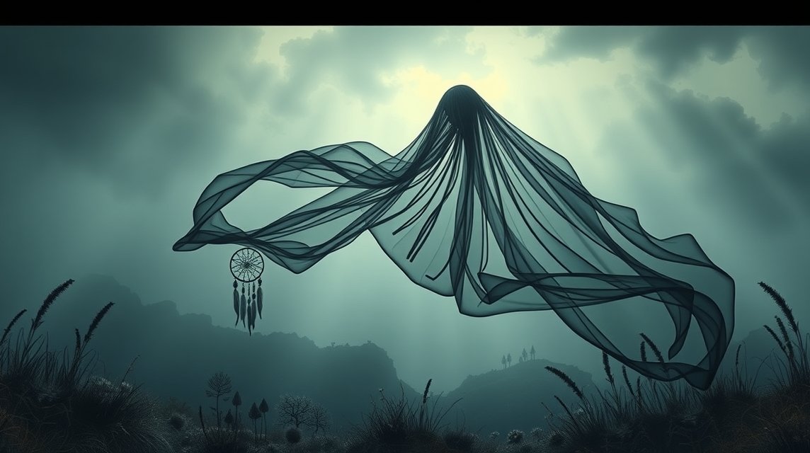 Donna in nero fluttuante che rappresenta lutto e mistero.