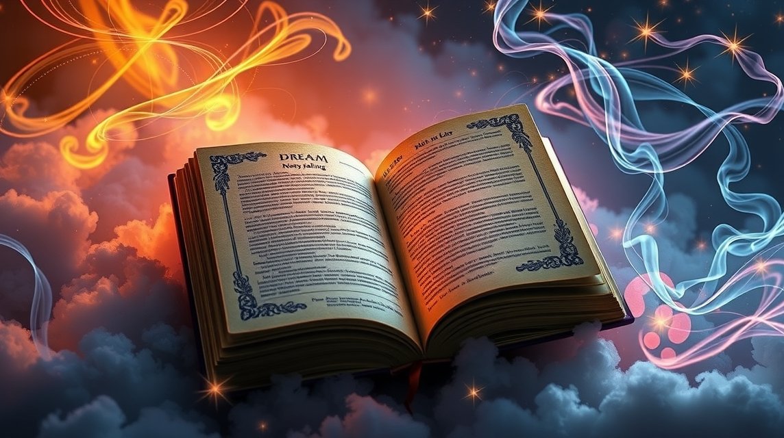 Libro dei sogni aperto su nuvole con elementi eterei