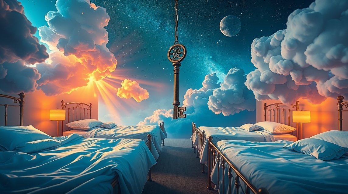 Letti singoli in un ambiente onirico, simbolo di solitudine e indipendenza.