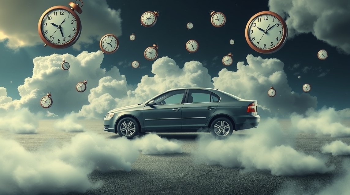 Auto ferma tra nuvole e orologi rappresenta blocchi nella vita.
