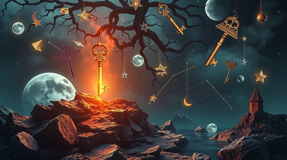 Chiave luminosa appesa a un albero in un paesaggio onirico