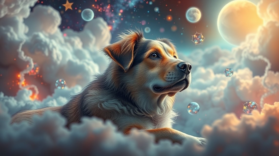 Cane di famiglia sognante tra nuvole e stelle nel sogno.