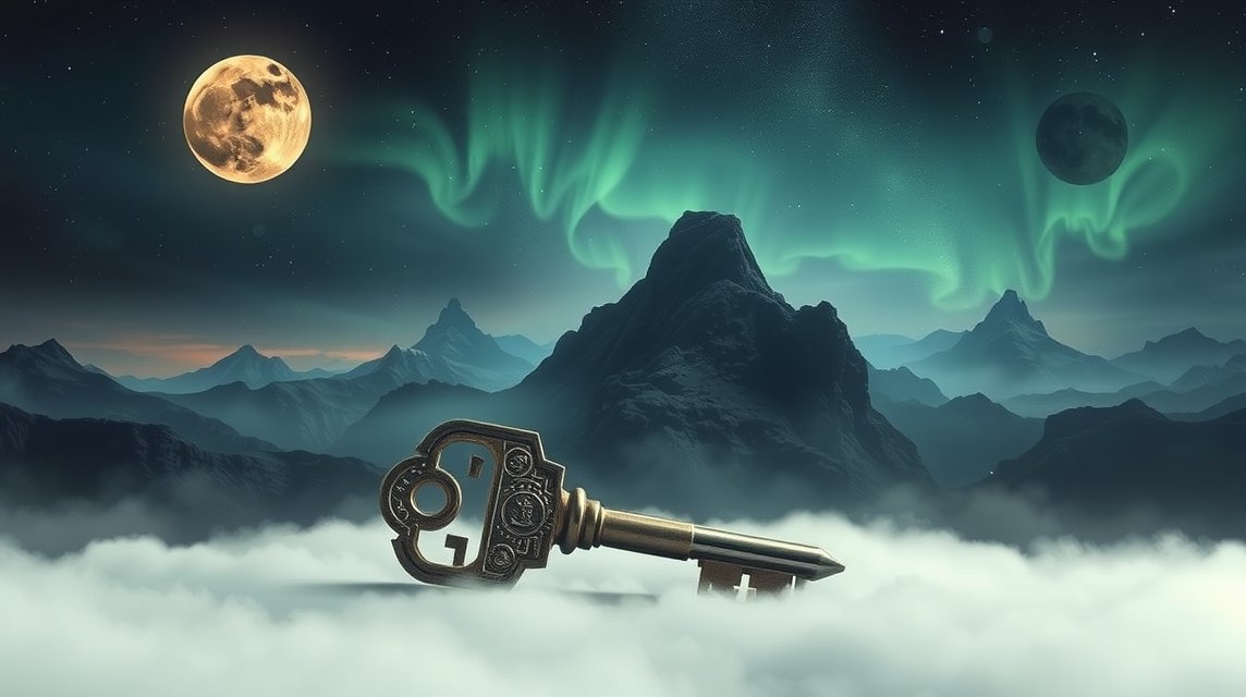 Chiave su un paesaggio onirico con montagne e cielo notturno