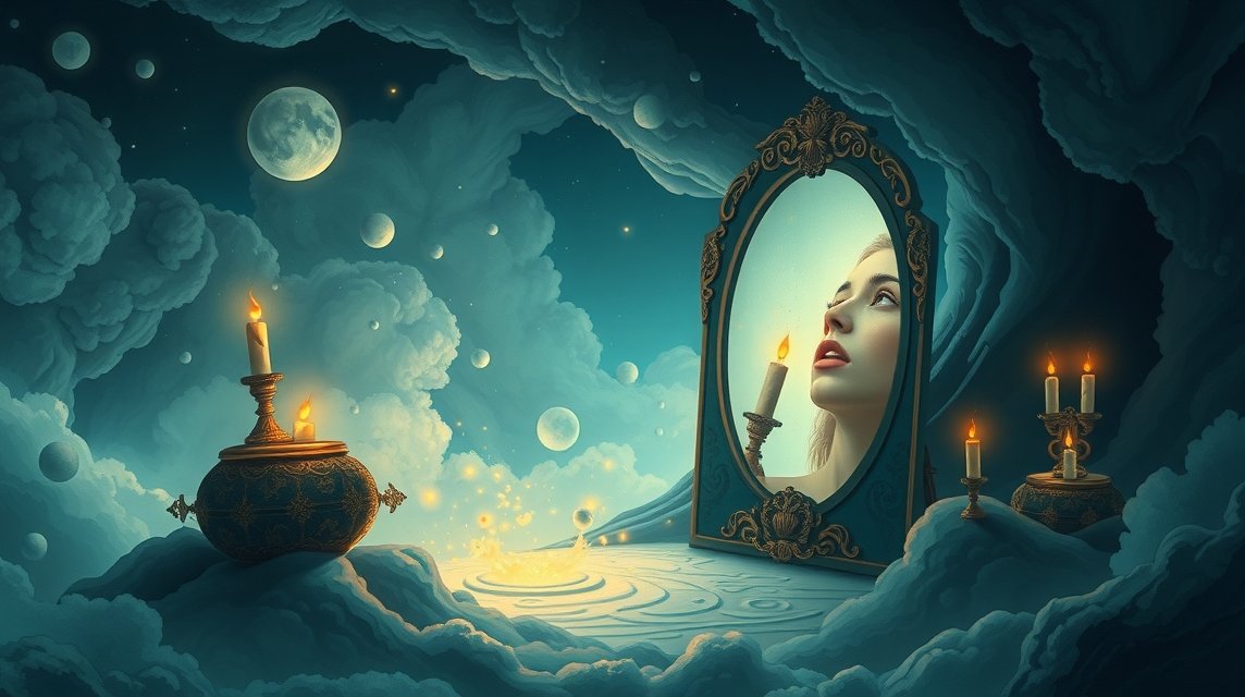 Riflesso di una donna nel sogno con elementi mistici.