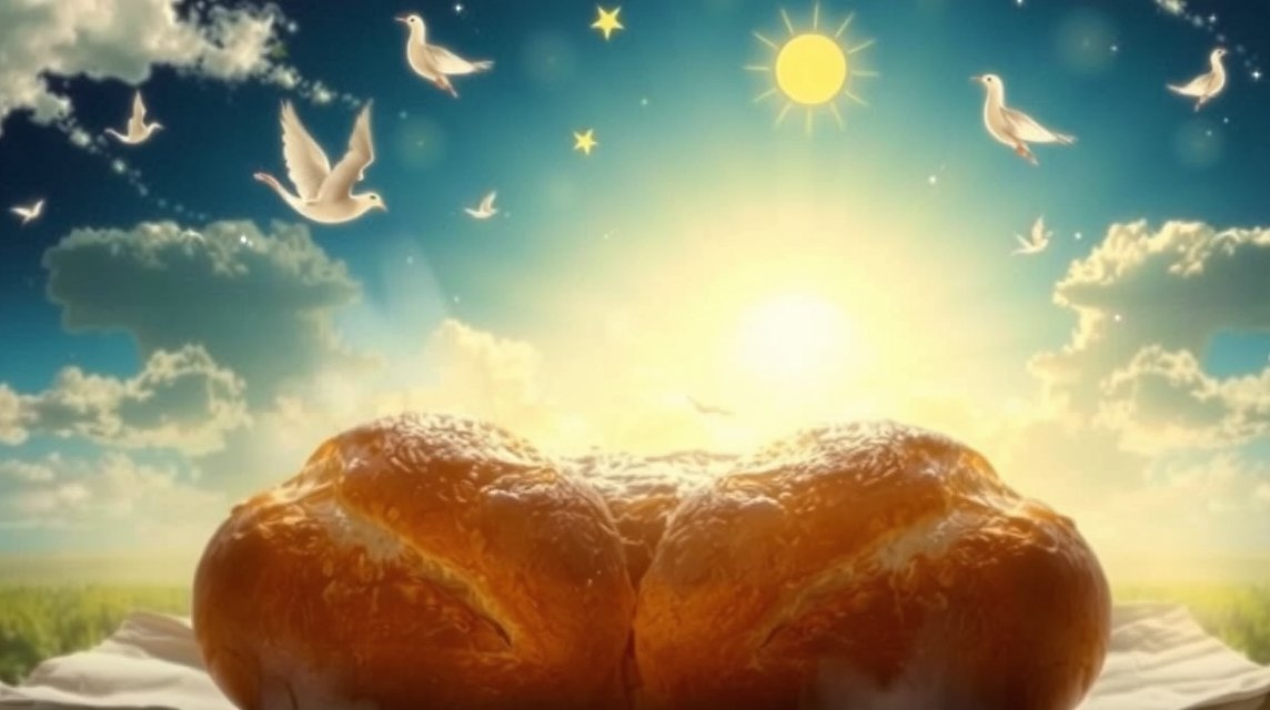 Pane appena sfornato sotto un cielo luminoso e serene colombe.