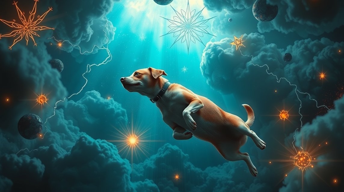 Cane che sembra volare nel cielo stellato, simbolo di sogni e protezione.