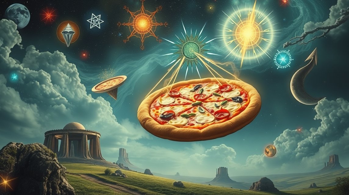 Pizza fluttuante in un paesaggio onirico con simboli astrali.