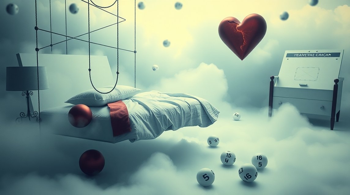 Immagine di un letto sospeso nel sogno con un cuore rotto e numeri della lotteria.