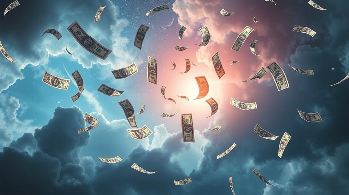 Banconote che fluttuano tra le nuvole in un cielo sereno