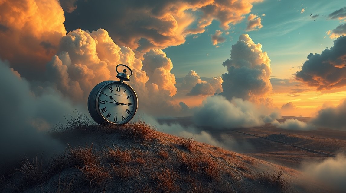 Orologio vintage su una collina sotto nuvole drammatiche al tramonto