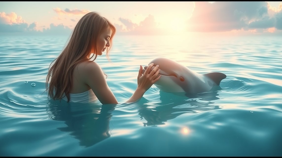 Donna che accarezza un delfino nell'acqua al tramonto