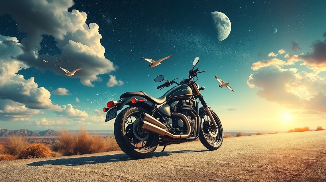 Moto parcheggiata su una strada con cielo stellato e sole al tramonto