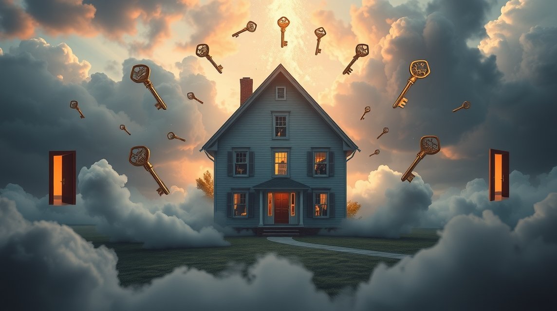Immagine simbolica di una casa circondata da chiavi nel cielo.