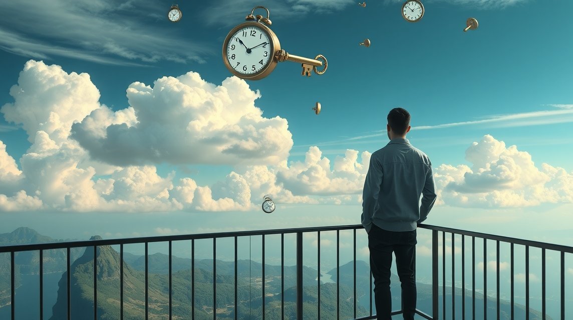 Uomo che osserva un paesaggio da un balcone con orologi fluttuanti.