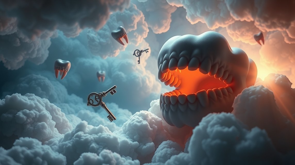 Illustrazione artistica di denti e chiavi tra le nuvole