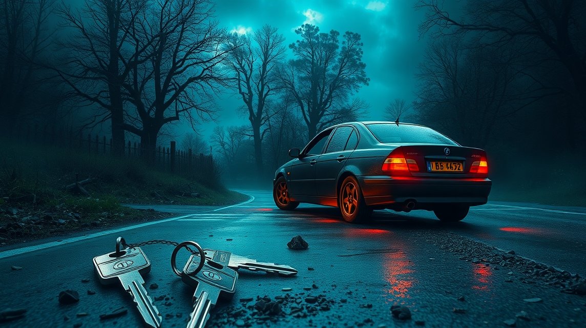 Auto abbandonata su una strada deserta con chiavi.