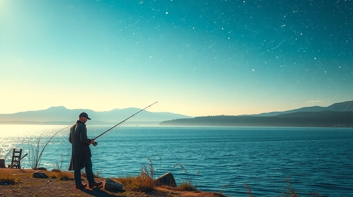 Uomo che pesca al tramonto, simbolo di pazienza e opportunità nei sogni.