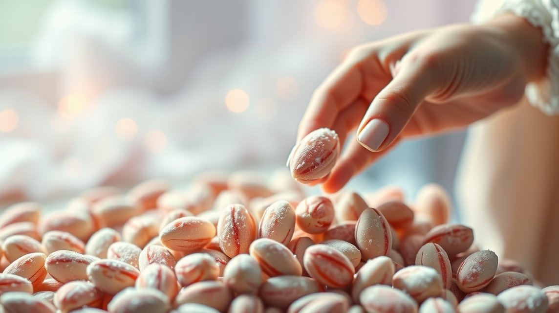 Mano che prende confetti su un tavolo decorato.