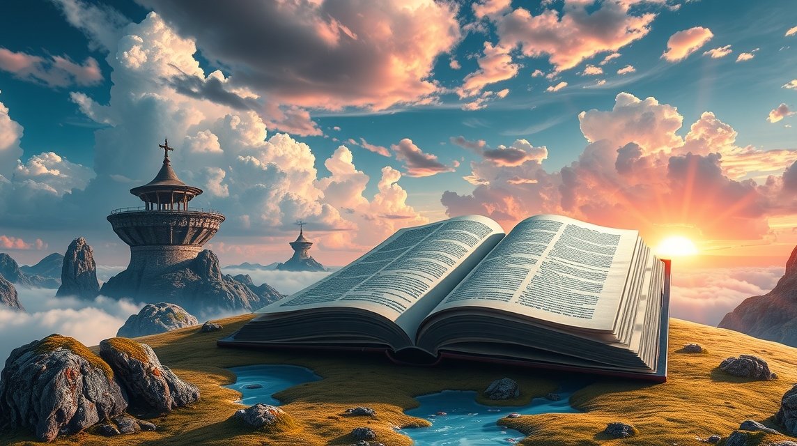 Un libro aperto su un paesaggio surreale con nuvole e montagne.