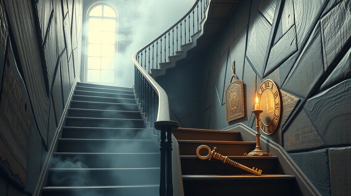 Scala che scende con simbolismo di introspezione e cambiamento.