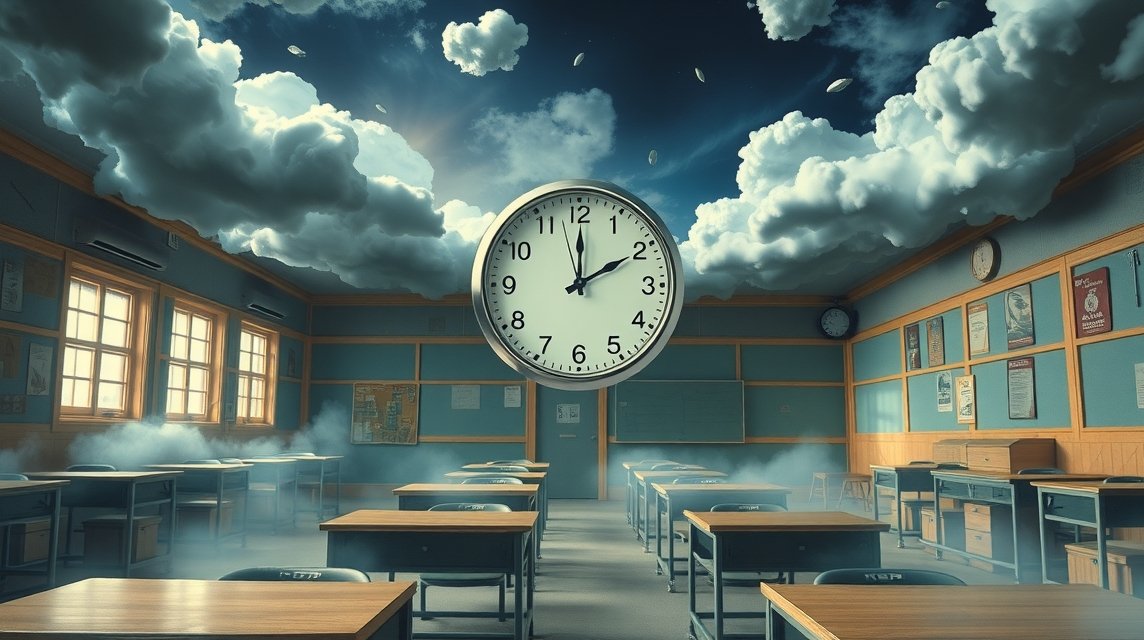 Interno di una scuola con un clock e nuvole, simbolo di ansia e crescita.