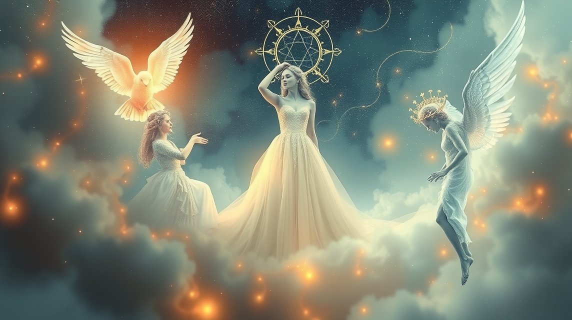 Tre figure angeliche che vestono abiti di bianco su nuvole