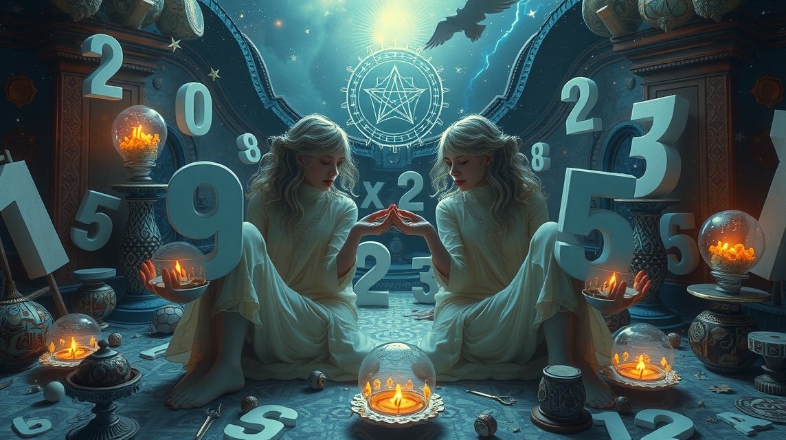 Due gemelli in un ambiente simbolico con numeri della Smorfia