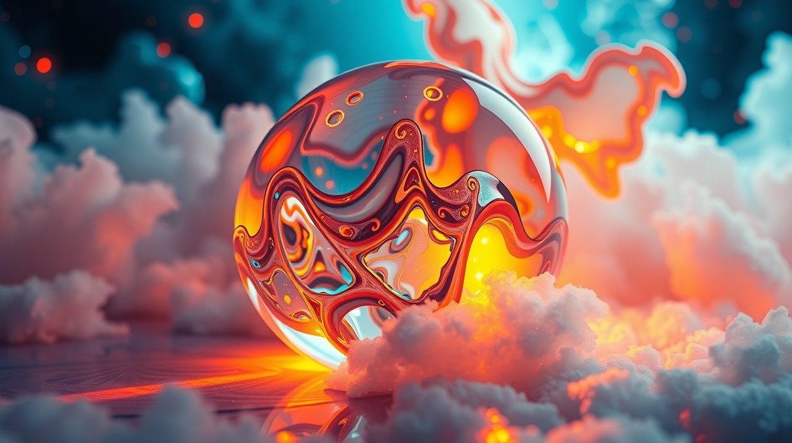 Una sfera colorata fluttua sopra nuvole luminose