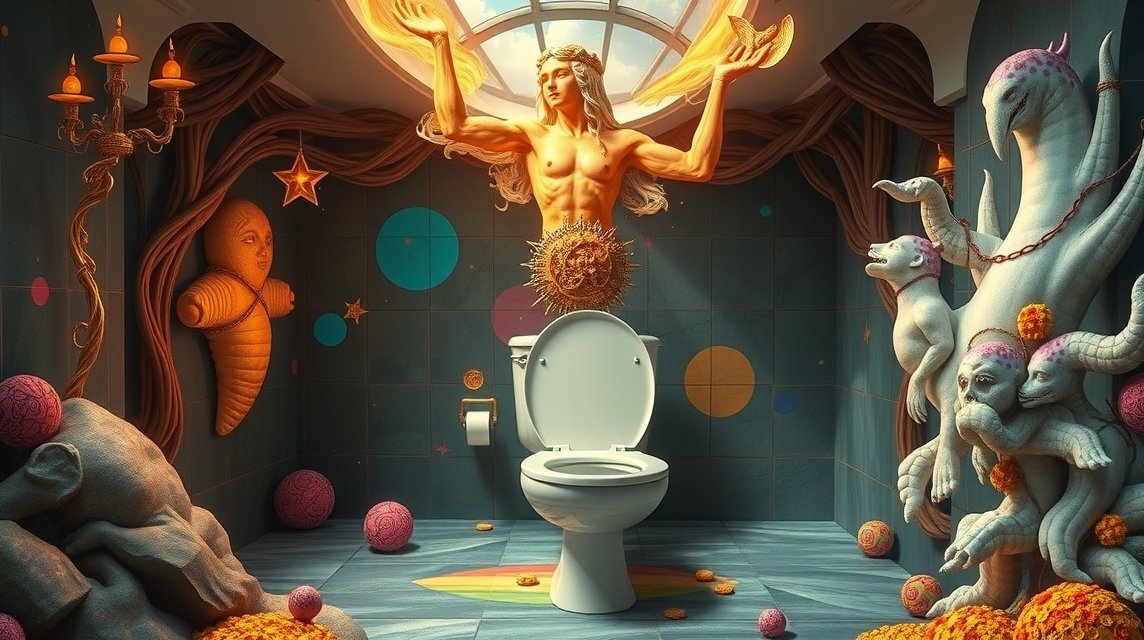 Scultura surreale di una figura mitologica in un bagno moderno