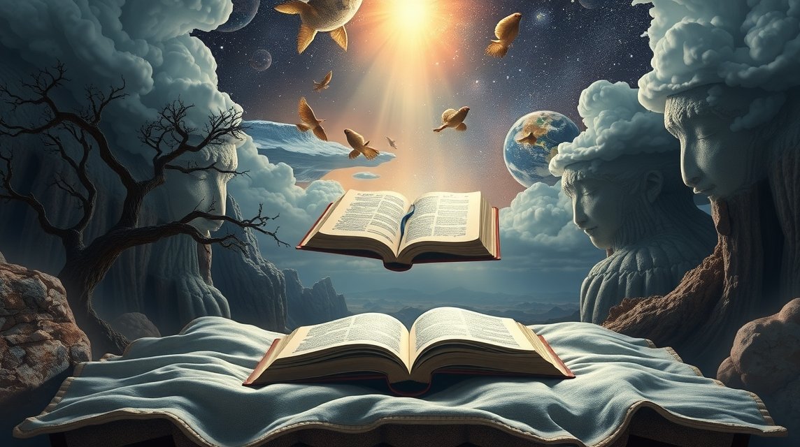 Immagine simbolica di libri aperti e elementi naturali, rappresentante i sogni