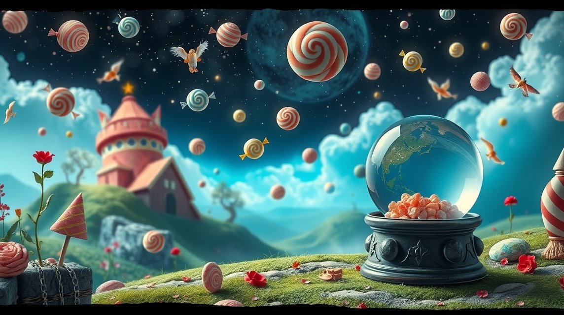 Mondo onirico con confetti, dolcezze e simboli di buona sorte