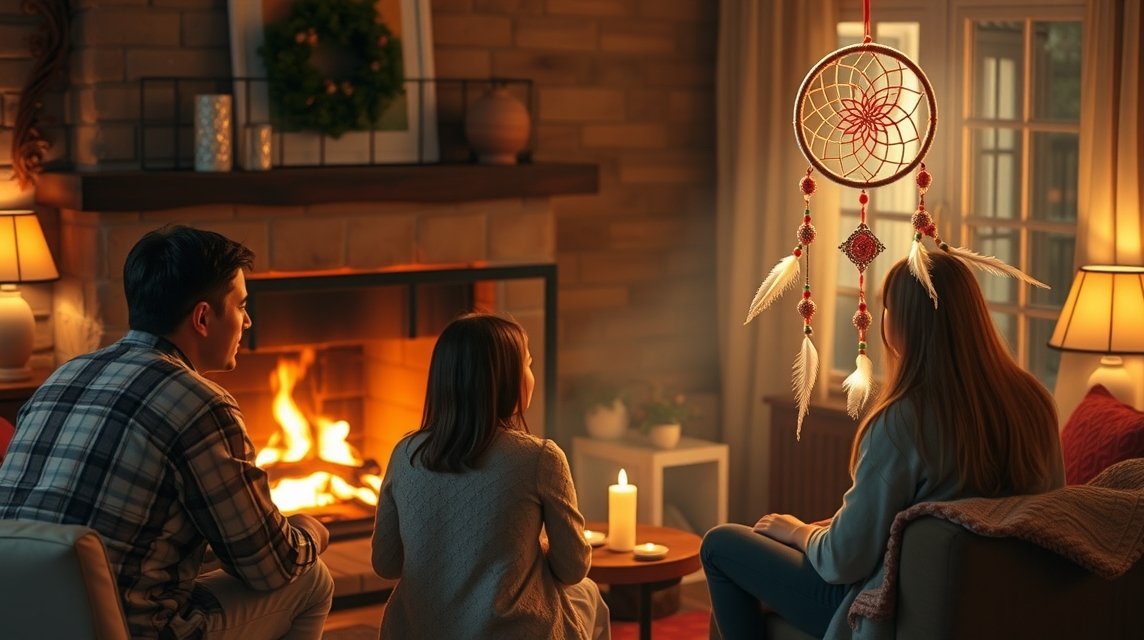 Famiglia riunita davanti a un camino acceso, simbolo di calore e intimità.