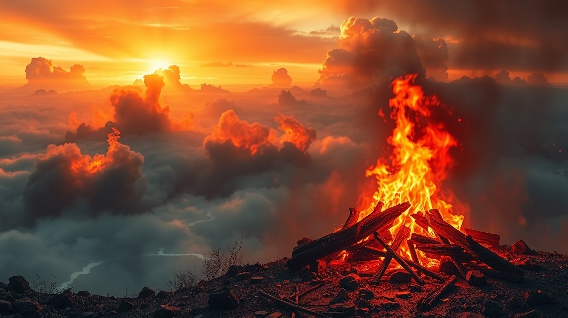 Fiamme ardenti sopra le nuvole al tramonto, simbolo di calore e distruzione.
