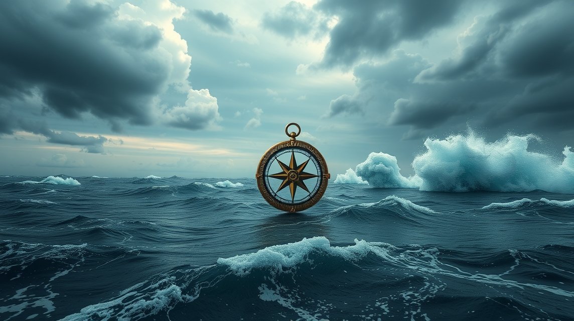 Una bussola sul mare agitato, simbolo di introspezione e conflitti interiori.