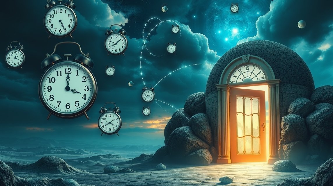 Porta aperta verso un nuovo inizio con orologi sospesi nel tempo