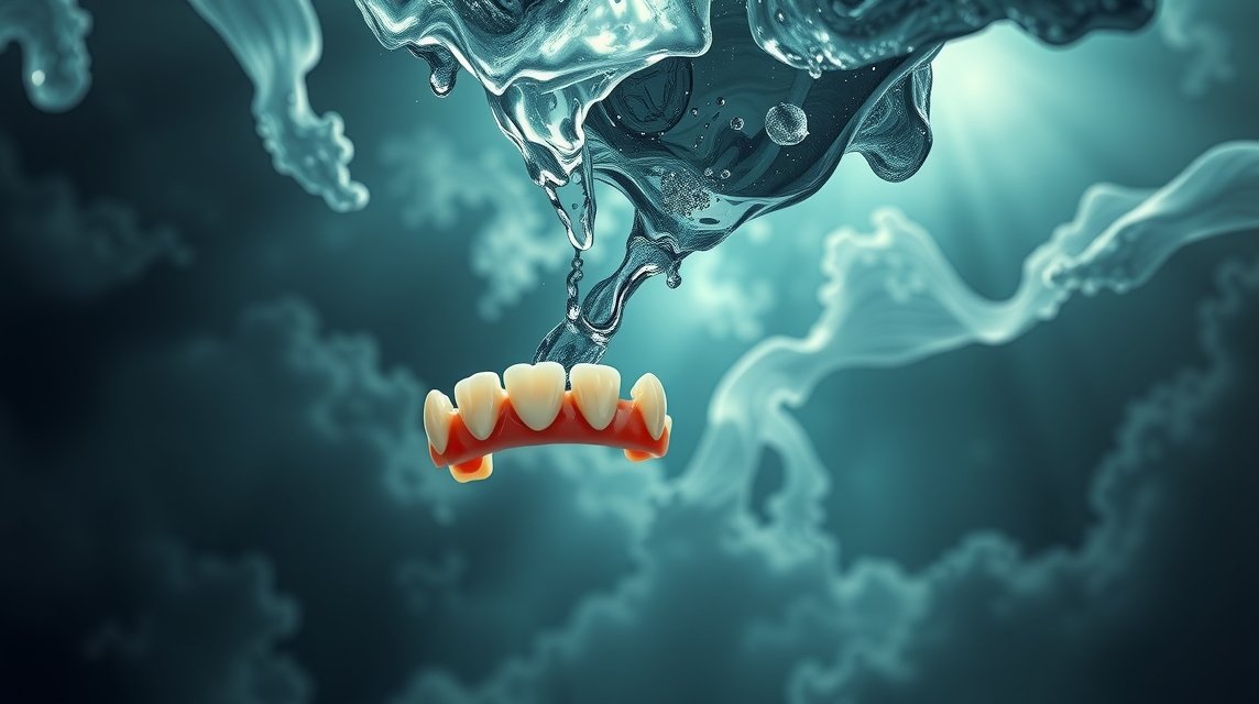 Dentiera che cade nell'acqua, simbolo di fragilità e cambiamenti.