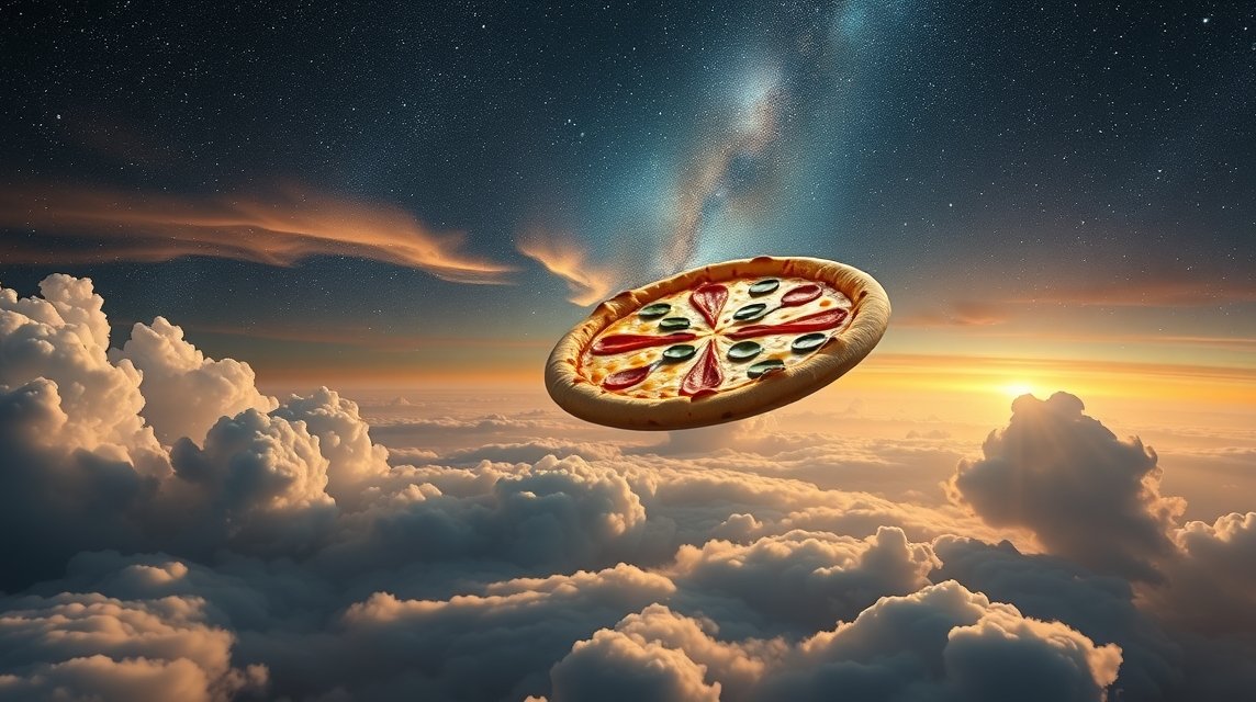 Pizza fluttuante nel cielo tra le nuvole e le stelle