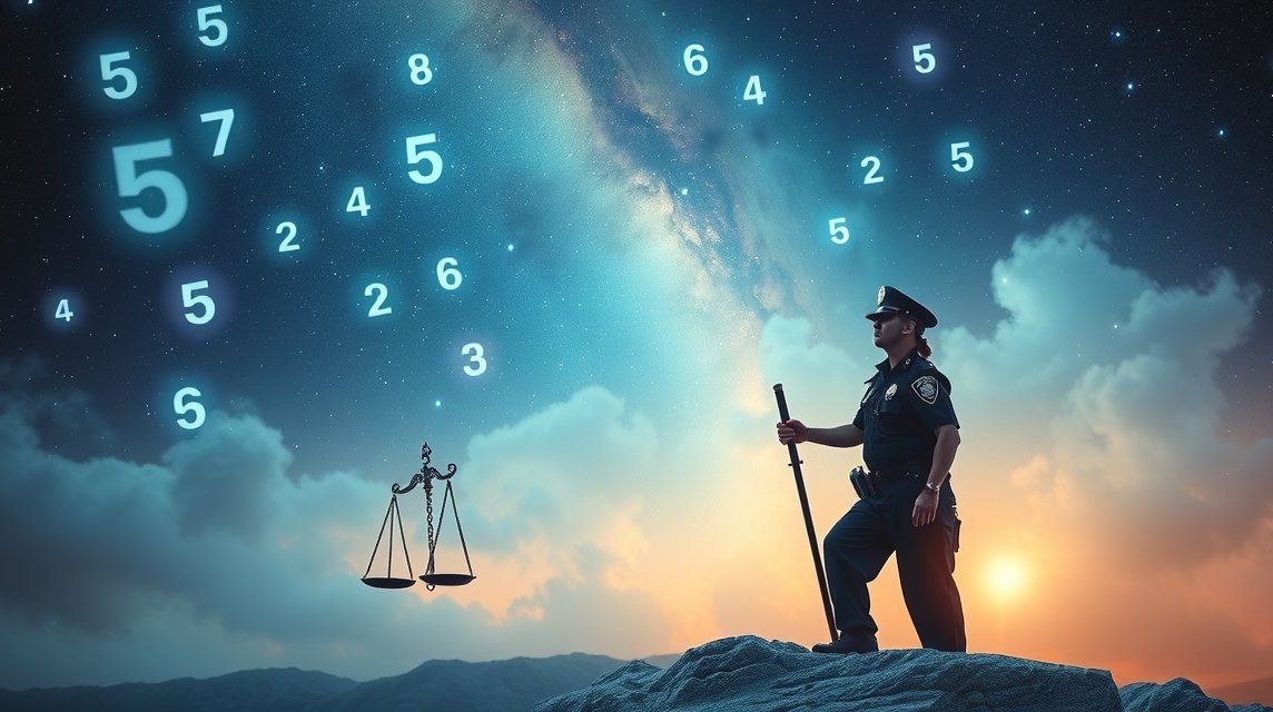 Poliziotto in piedi con numeri e giustizia nel cielo notturno
