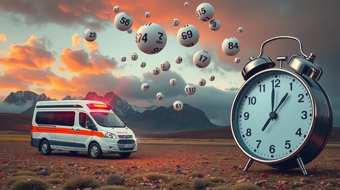Ambulanza con numeri del Lotto e orologio in un paesaggio montano.