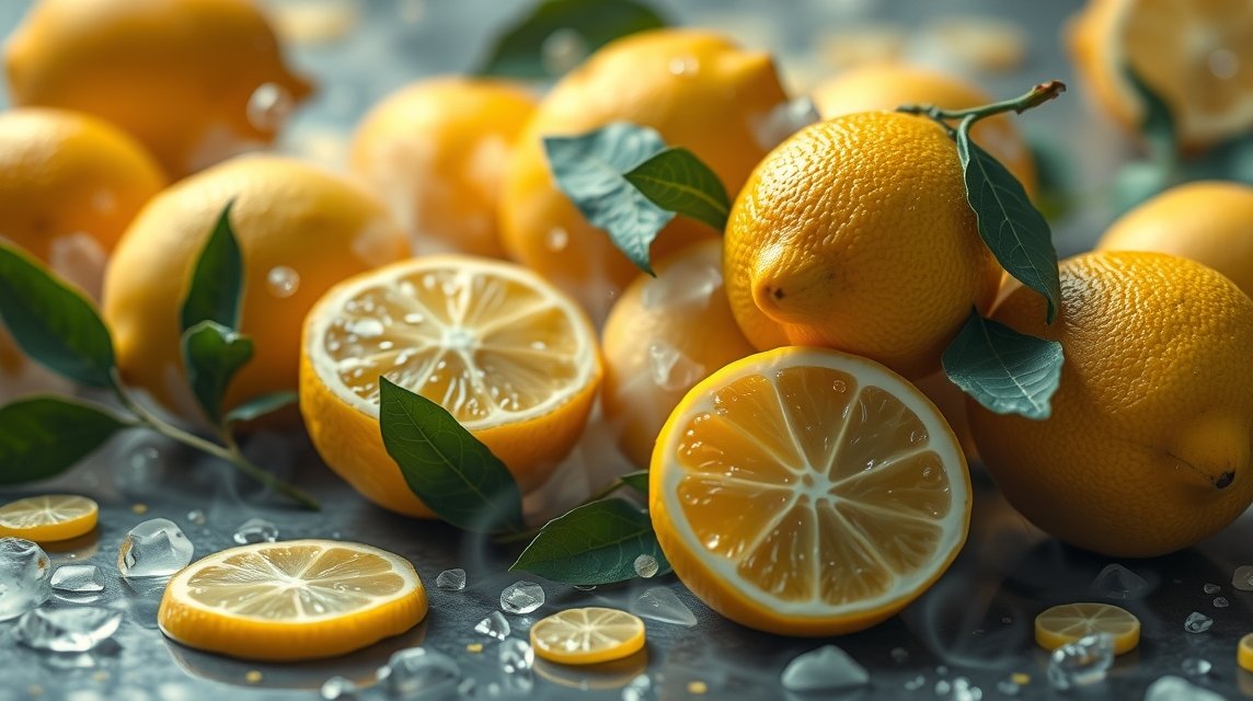 Limoni freschi e fette di limone con foglie verdi su sfondo ghiacciato
